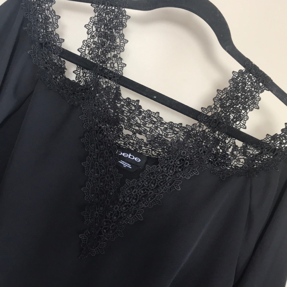 Sold Bebe black lace trim cold shoulder blouse - Picture 2 of 4